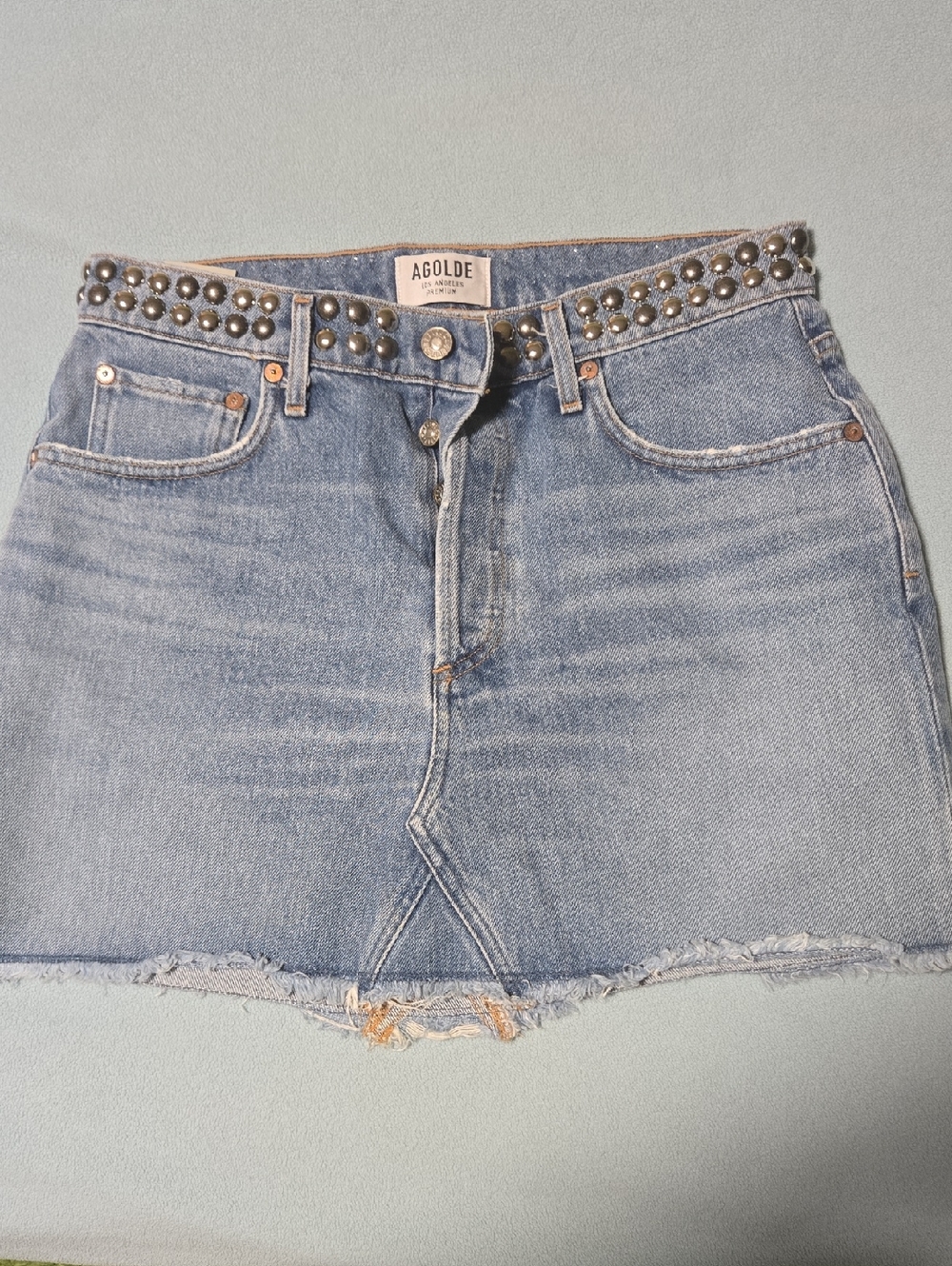 Agolde Light Blue Denim Mini Skirt with Studded Waist